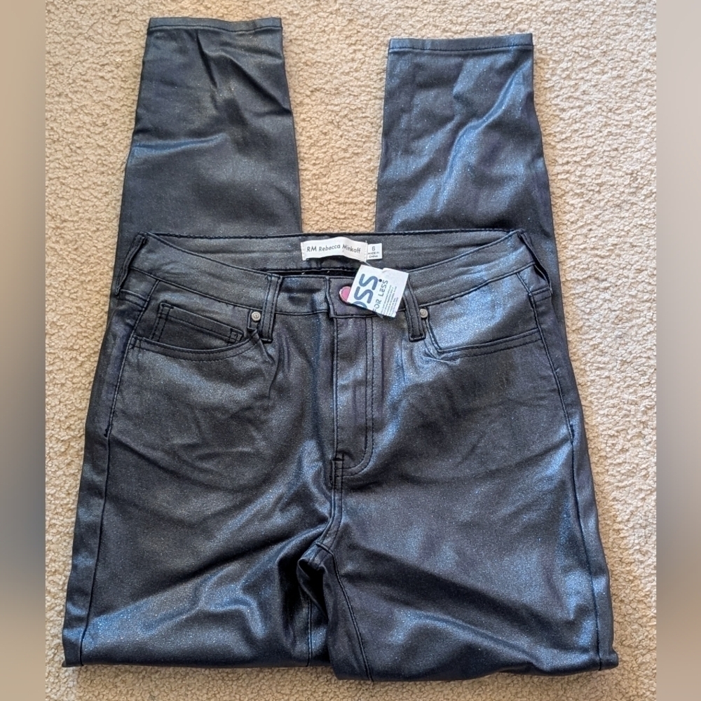 Rebecca Minkoff RM Black Sparkly Faux Leather Skinny Jeans Size 6